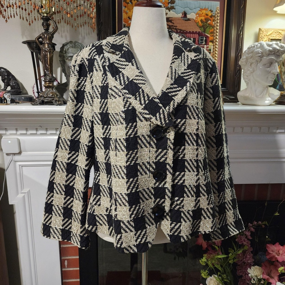 Coldwater Creek Womens XL Black White Plaid Blazer Jacket Textured V#B193
